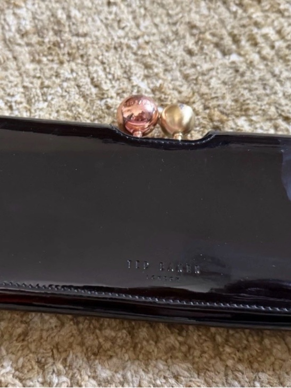 Ted Baker Black Patent Kisslock Wallet with Rose Gold & Gold Accents